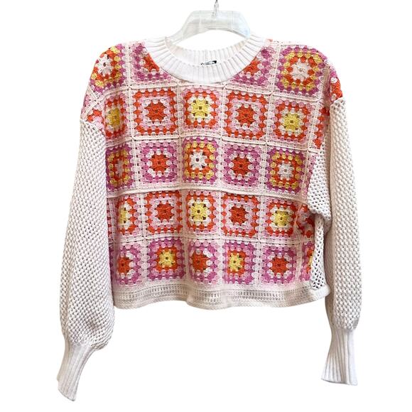 Zara White Multicolor Granny Square Crochet Knit Crewneck Sweater Size Small - Picture 1 of 6